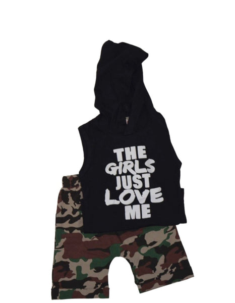 Tan/Black Hoodie with Camo shorts