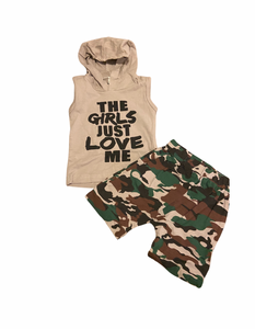 Tan/Black Hoodie with Camo shorts